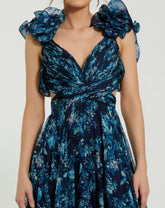 Navy Tiered Floral Cut-Out Chiffon Gown